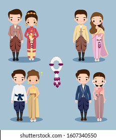 cute Thai couple cartoon in traditional dress set for wedding invitation card design