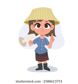 cute thai farmer woman holding megaphone making an announcement,  promoting agriculture