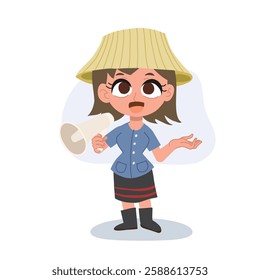 cute thai farmer woman holding megaphone making an announcement,  promoting agriculture