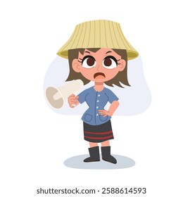 cute thai farmer woman holding megaphone making an announcement,  promoting agriculture