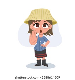 Cute Thai Female Farmer Cartoon Showing Stop Gesture, Prohibition Sign for Awareness Campaign