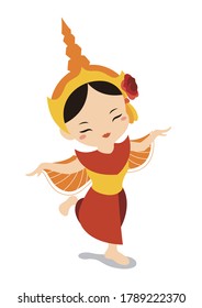 Cute thai girl dance with traditional clothes. Vector illustration.