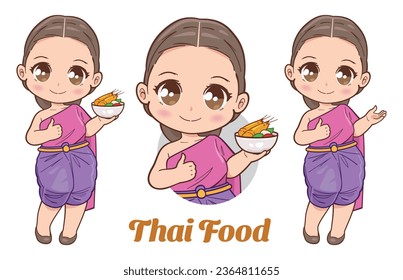 Muchacha tailandesa linda con un vestido tradicional, sosteniendo un tazón de la sopa de Tom Yam o Tom Yum. Ilustración de comida tailandesa.