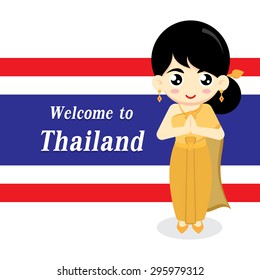 Cute Thai girl wearing traditional dress on Thai flag background. Vector illustration.