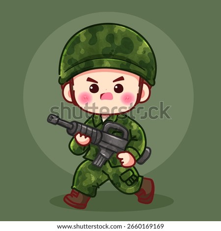 Cute Thai soldier in combat pose holding a gun with serious expression, illustrated in chibi cartoon style. vector illustration