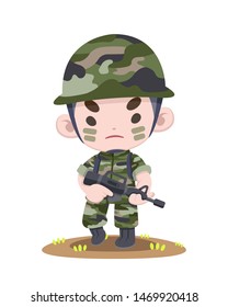Cute Thai soldier standing strong holding rifle cartoon illustration