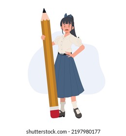 Cute Thai student girl holding big pencil. Vector illustration.