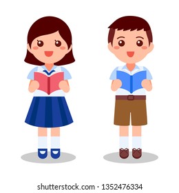 lindo estudiante tailandés leyendo un libro sobre fondo blanco. Ilustración vectorial de caricatura plana