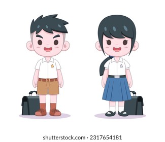 Cute Thai students in uniform standing cartoon illustration