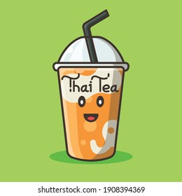 Cute Thai Tea Mascot Character Icon Illustration. Thailand Beverage Isolated Vector. Flat Cartoon Style