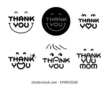 Cute thank you black letters collection with smiling faces on white background.