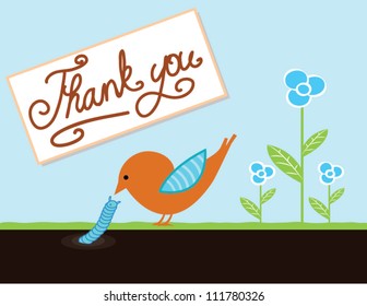 Cute thank you card with bird and worm