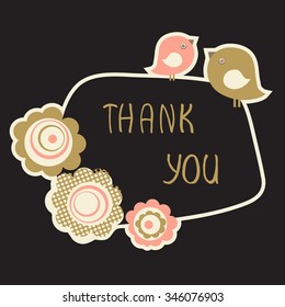 Cute Thank You Card with birds couple and flowers. Vintage pastel colored vector illustration