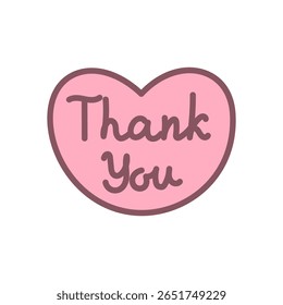 Cute Thank you card icon. Pink heart with “Thank you” handwritten message. Kawaii sticker. Vector 10 EPS.