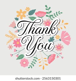 Cute "Thank You" lettering with floral ornament. Vector ilustração for greeting card, stickers and prints. 