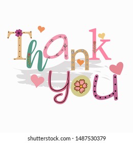 Cute Thank You text card with heart and flowers. Decorated letters illustration
