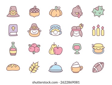 Cute Thanksgivig day icon set. Collection of hand drawn illustrations isolated on a white background. Kawaii autumn holiday stickers. Vector 10 EPS.