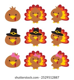 Cute Thanksgiving baby boy and girl turkey vector illustration set.