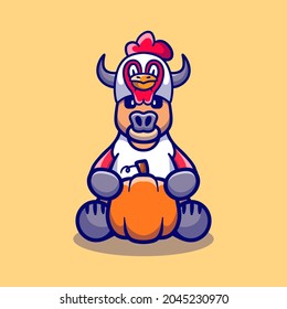 cute thanksgiving buffalo carrying a pumpkin and wearing a chicken hat, suitable for happy thanksgiving t-shirt or mascot design