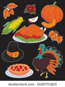 Cute Thanksgiving cartoon sticker set featuring turkey, pumpkin, corn, pie, hat, leaves, and harvest elements in cheerful style, great for seasonal greetings, decor, and craft projects.