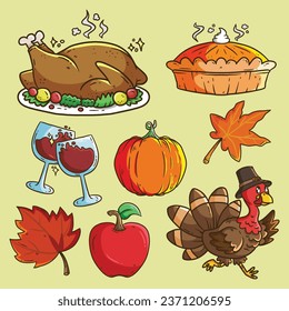 Cute Thanksgiving cartoon vector illustration set - turkeys, wine, apple, pumpkins and other. Set of colorful cartoon illustrations for thanksgiving day.