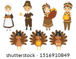 Cute Thanksgiving characters and turkeys vector collection. Thanksgiving pilgrim, native and cute turkey cartoon vector 