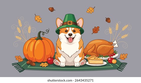 Cute Thanksgiving Corgi Puppy Feast Digital Artwork Celebrating Harvest and Seasonal Cheer
