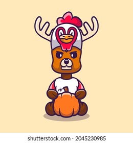 cute thanksgiving deer carrying a pumpkin and wearing a chicken hat, suitable for happy thanksgiving t-shirt or mascot design