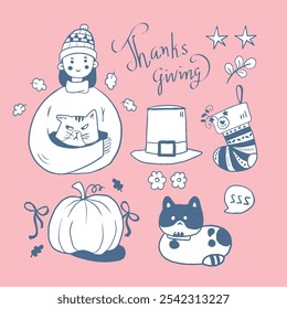 Cute Thanksgiving Doodle with Cats, Pumpkin, and Holiday Symbols. ClipArt Cute doodle, Illustration Thanks Giving in Black and White. 