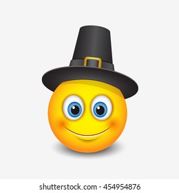 Cute Thanksgiving emoticon wearing pilgrim hat - emoji, smiley - vector illustration