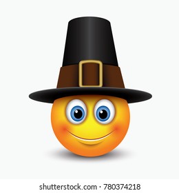 Cute Thanksgiving emoticon wearing pilgrim hat - emoji, smiley - vector illustration