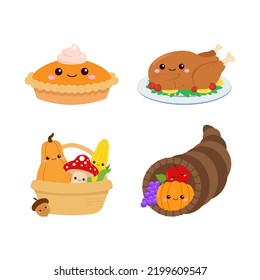 Cute thanksgiving festival food and harvest. Flat vector cartoon design