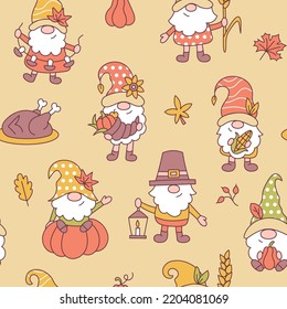 Cute thanksgiving gnomes. Autumn seamless pattern. Perfect for textile, invitations and seasonal decorations. Isolated on yellow background. Cartoon style. Vector illustration.