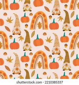 Cute Thanksgiving gnomes with boho rainbow , autumn leaves, acorn and chestnut seamless pattern. For autumn posters, textile, fabric and home décor