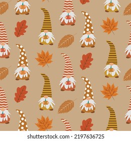  Cute Thanksgiving gnomes seamless pattern holding pumpkins with autumn leaves on light brown background. For Thanksgiving greeting cards, fabric , textile and home décor