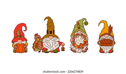 Cute Thanksgiving gnomes and tirkey bird. Autumn fall clipart. thanksgiving selebration home food theme. Apple pie, fall wreath decor, cute pumpkin. Funny nordic gnomes isolated on white background.