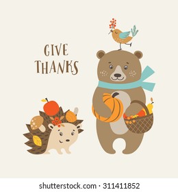 Cute Thanksgiving greeting card with happy bear, hedgehog and bird.