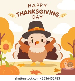 A cute Thanksgiving illustration of a cartoon turkey dressed in a pilgrim hat, surrounded by autumn leaves, pumpkins, and a friendly snail, perfect for holiday greeting cards and festive designs.