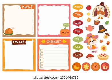 Cute Thanksgiving Memo and Planner Set with Stickers and Adorable Animals. A cute Thanksgiving themed memo and planner set featuring adorable cartoon animals, stickers and fall elements.