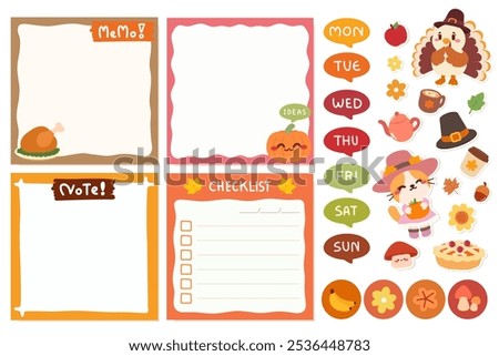 Cute Thanksgiving Memo and Planner Set with Stickers and Adorable Animals. A cute Thanksgiving themed memo and planner set featuring adorable cartoon animals, stickers and fall elements.
