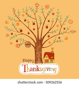 Cute Thanksgiving poster or greeting card with lovley apple tree and house beside it.