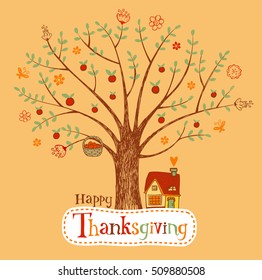 Cute Thanksgiving poster or greeting card with lovley apple tree and house beside it.