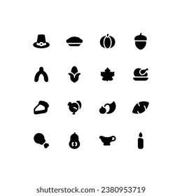 Cute Thanksgiving solid glyph icon set with autumn related icons