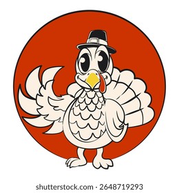 cute thanksgiving turkey cartoon mascot in pilgrim hat vector illustration on red circle background, work of handmade