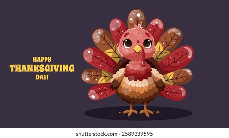 Cute thanksgiving turkey in cartoon style. Autumn holiday thanksgiving day. Vector illustrations on transparent background for card, postcard, banners.