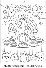 Cute Thanksgiving Turkey Coloring Page with Pumpkin and Pies. Fun Holiday Illustration for Kids.