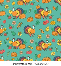 Cute Thanksgiving Turkey Doodles repeat pattern background design