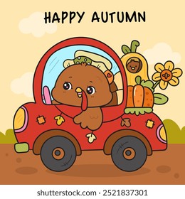 Cute thanksgiving turkey drive car delivery pumpkin greeting card vector. Series: Kawaii animal (Bird cartoon) Harvest festival. Season Autumn baby fall kids. Perfect makes a wish for background.