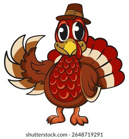 cute thanksgiving turkey mascot cartoon vector illustration, isolated funny pilgrim bird character for holiday and autumn designs, work of handmade