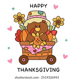 Cute thanksgiving turkey in pumpkin carriage. Series: Kawaii animal (Bird cartoon) Harvest festival. Season Autumn baby fall kids.